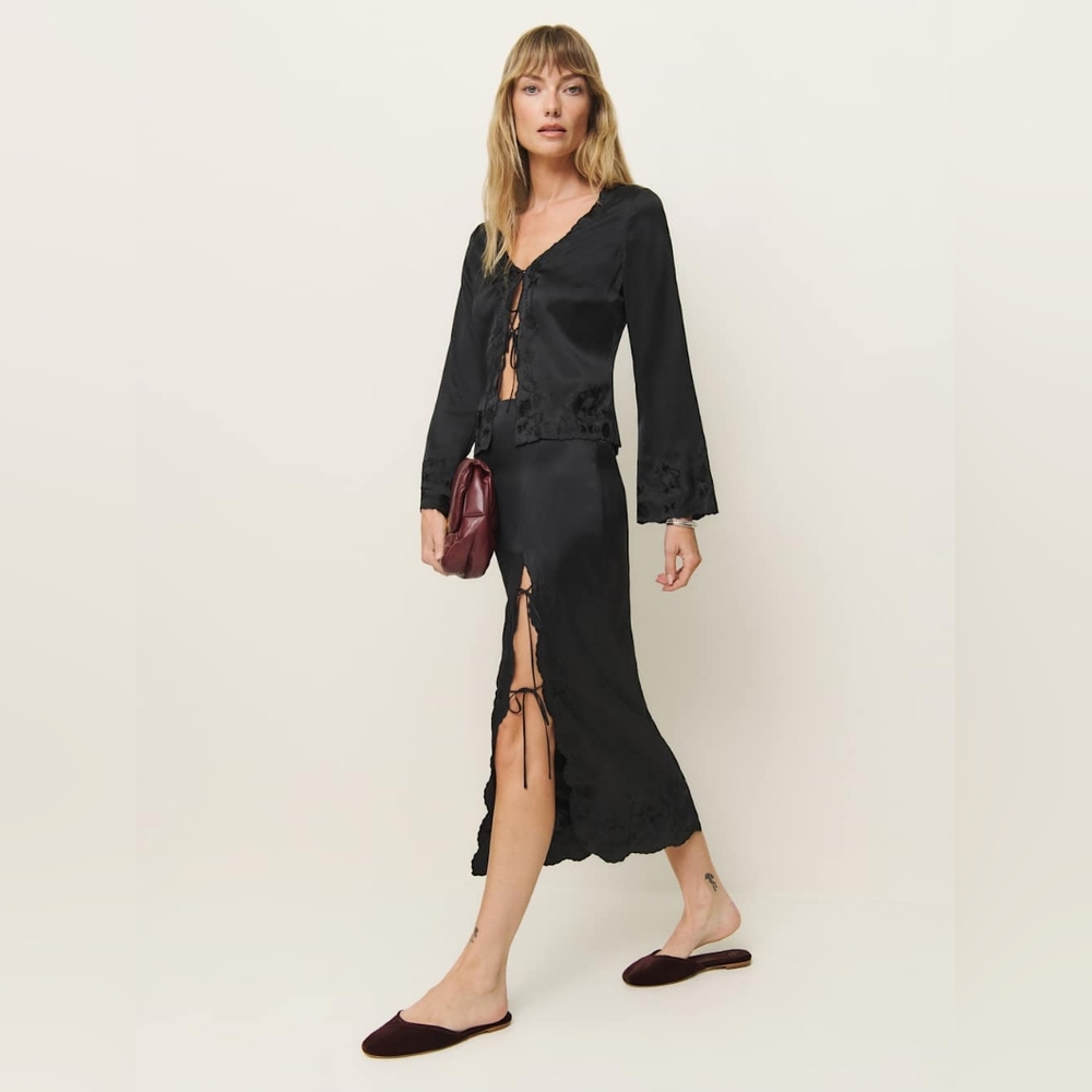 Reformation Black Mira Silk Embroidered Skirt - Picture 4 of 12